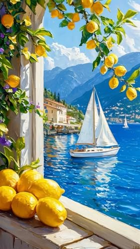 ARTGOTO Large Paint by Numbers for Adults Lake Como Italy | 15.7x27.5inch/40x70cm Paint by Number Kit on Canvas, Lemon Tree Sailboat Landscape Acrylic Painting Set, No Frame - color: PBN061