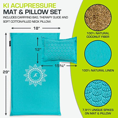 ProsourceFit Ki Acupressure Mat and Pillow Set with 100% Natural Linen for Back/Neck Pain Relief and Muscle Relaxation - color: Bahama Blue