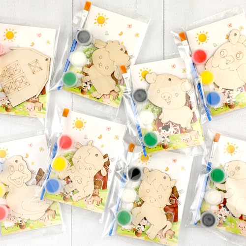 24 Pcs Farm Animals Party Favors Wooden Paint Craft Kits | Farm Theme Birthday DIY Activity, Animal Shapes with Barn,Organza Bags for Goodie Bag Fillers - style: Farm Animal