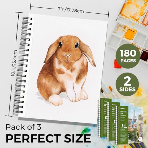 Funto Watercolor Pad 10x7, 3-Pack, 90 Sheets, 140 lb/300 GSM, Double-Sided, Cold Press, Spiral Bound, Heavyweight Paper for Watercolor Painting - color: 10x7-Green-3 Pack