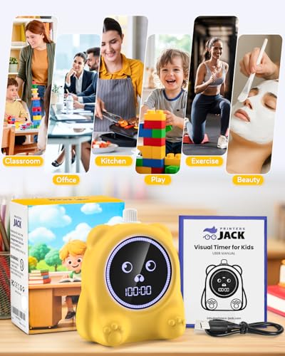 199 Min Visual Timer for Kids, 2 Min teenth Brushing, Cute Bear Deign | Adjustable Sound Alert, Productivity Timers for ADHD, Silent Operation, Desk Time Management Tool for Toddler - color: Yellow