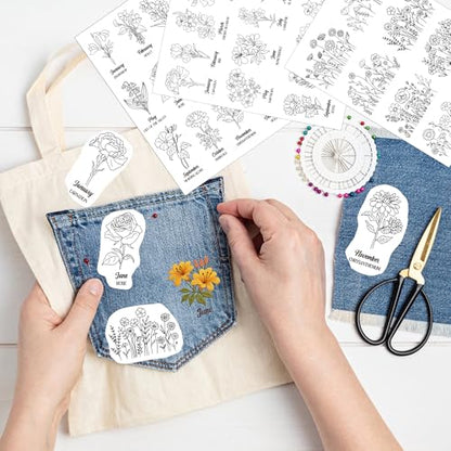 Water Soluble Stabilizer Embroidery Pattern - Birthday Flower Stick & Stitch Embroidery Paper Wash Away, Wildflower Hand Sewing Patterns for Jean Bag T-Shirt (4 Sheets) - style: Flower984