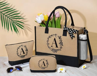 Personalized Birthday Gifts for Women, Monogrammed Initial Jute Tote Bags | Beach Tote Bag & Makeup Bags w/ Zipper, Christmas Women Gifts for Mom Her Friends Sister Coworker Nurse Teacher Appreciation - style: R