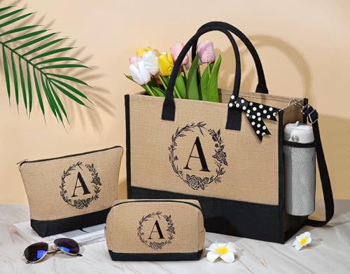 Personalized Birthday Gifts for Women, Monogrammed Initial Jute Tote Bags | Beach Tote Bag & Makeup Bags w/ Zipper, Christmas Women Gifts for Mom Her Friends Sister Coworker Nurse Teacher Appreciation - style: D