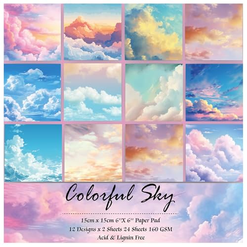 Scrapbook Paper, 24 Sheets 6"×6" 160gsm Single-Sided Patterned Cardstock | Vintage Decopodge Scrapbook Supplies, Junk Journal Decorative Crafts DIY Album Card Making Art Journaling.Colorful Sky - color: 24 sheets-colorful sky