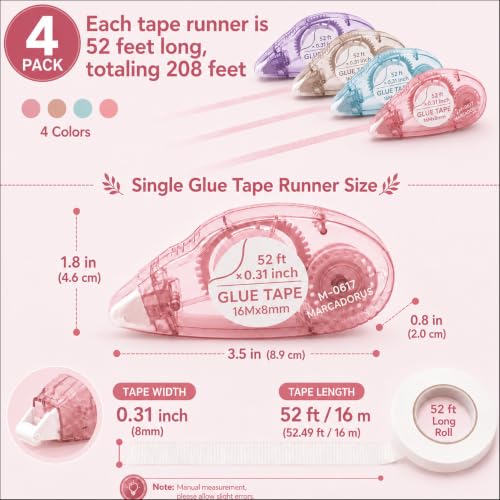 MARCADORUS Glue Tape Roller, Double Sided Tape Scrapbook 4 Pack Extra Long | 52Ft x 0.31In Per Roller, Clean Adhesive for Photos, Scrapbooking, Journaling, Card Making, Paper Crafts & Teacher Supplies - size: 52.5 Ft x 0.31 In : 4 Pack