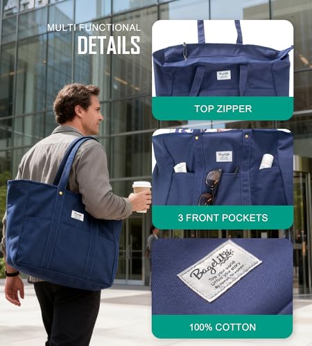 Bagelite Extra Large Canvas Tote for Women Men, Utility Work Bag with Zipper - color: Blue