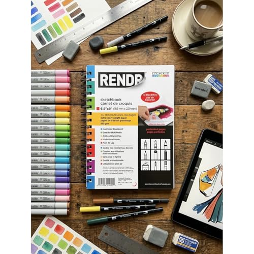 RENDR Wirebound Drawing Sketchbook 6.5x9, No Bleed-Through Paper for Alcohol Markers, Ink and Mixed Media | 180 GSM, Acid-Free, 40 Perforated Sheets