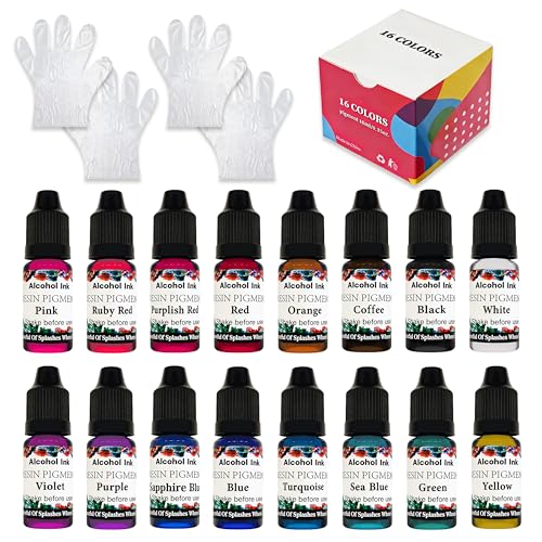 Alcohol Ink Set - 16 Colors Vibrant Colors High Concentrated Alcohol-Based Ink, Concentrated Epoxy Resin Paint Colour Dye Great for Resin Petri Dish, Coaster, Painting -10ml Each