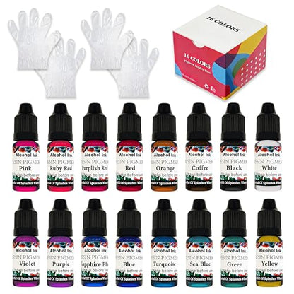 Alcohol Ink Set - 16 Colors Vibrant Colors High Concentrated Alcohol-Based Ink, Concentrated Epoxy Resin Paint Colour Dye Great for Resin Petri Dish, Coaster, Painting -10ml Each