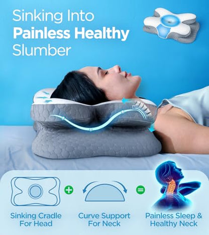 Osteo Enjoy Pain Relief Sleeping Cervical Neck Pillow, Ergonomic Contour Zoned Fits Side Sleeper, Non-Temperature Affected Memory Foam Pillows, Q-max Cooling Pillow Support Back Stomach Sleepers - color: Gray
