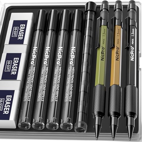 Nicpro 3 PCS 1.3 mm Mechanical Pencil Set with 48 Lead Refill, 3 Eraser | MP2000 3 Color Weatherproof Metal Barrel, Heavy Duty Carpenter Pencil for Outdoor Construction Marking Drafting and Drawing - style: 3 Pack (Black Green Brown)