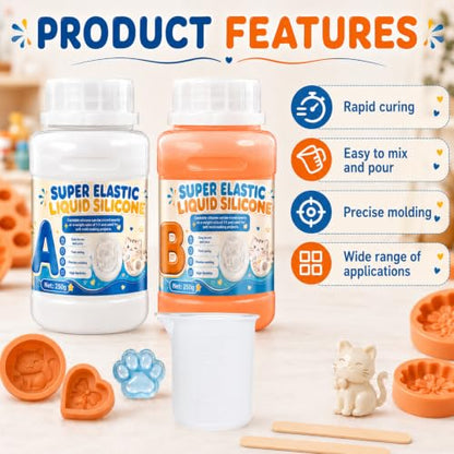 Silicone Molds Making Kit 10A Elastic Liquid Fast Cure | Silicone Rubber Liquid 1:1 Mixture, Flexible Easy to Demold for Casting Molds of Resin Soap Candle Wax, 17.6oz, Orange