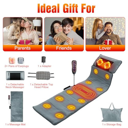 Full Body Massage Mat with Heat, Back Massage Pad with Detachable Neck Massager, with 10 Vibration Motors, Multifunctional Body Massager Fathers Days Gift for Dad - size: 65x19.7x3.94in