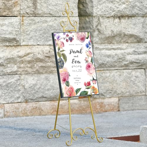 61”H x 20”L x 24”W Metal Extra Large Free Standing Display Stand Easel | Gold Scroll Floor Easel Stand for Sign Wedding Mirror Picture Frame, with Adjustable Chain
