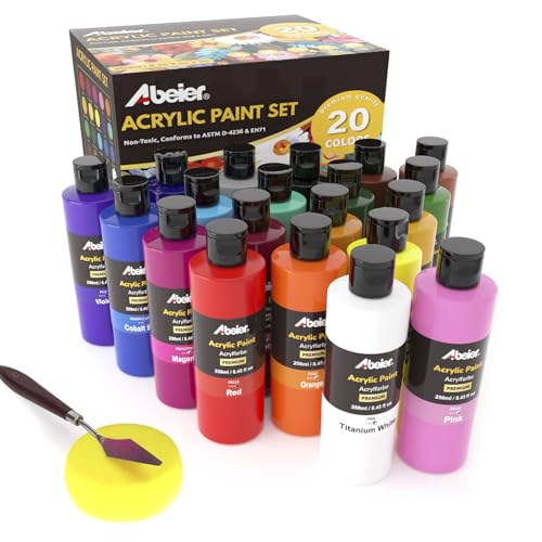 ABEIER Bulk Acrylic Paint Set, 20 Colors x 8.45 oz, Non-Toxic | Rich pigments, Matte finish,Thick consistency, smooth blending, waterproof when dry, palette knife and sponge included - color: 20 Colors