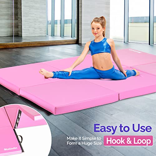 Matladin 6' Folding Tri-fold Gymnastics Gym Exercise Aerobics Mat, 6ft x 2ft x 2in PU Leather Tumbling Mats with Hook & Loop Fastener for Stretching Yoga Cheerleading Martial Arts - color: Pink-2 Pack