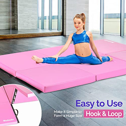 Matladin 6' Folding Tri-fold Gymnastics Gym Exercise Aerobics Mat, 6ft x 2ft x 2in PU Leather Tumbling Mats with Hook & Loop Fastener for Stretching Yoga Cheerleading Martial Arts - color: Pink-2 Pack