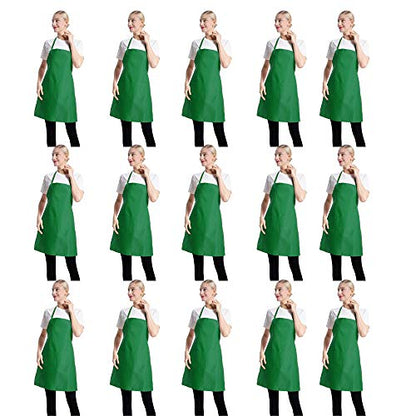 Total 15 PCS Green Plain Bib Aprons Bulk for Women Men-Unisex Adult Aprons with 2 Front Pockets (Leaf Green-15 pcs) - color: Leaf Green-15 Pcs