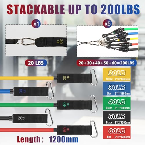 WIKDAY Exercise Resistance Bands with Handles for Working Out Workout Bands Set with Door Anchor for Physical Therapy, Yoga, Pilates - color: Multicolor, size: Medium (20-200lb)