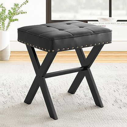 LUE BONA Vanity Stool - Square Faux Leather Makeup Seat With Metal X Legs, Small Ottoman Chair for Makeup Room, Living Room - Modern Padded Foot Rest, Black - color: Black