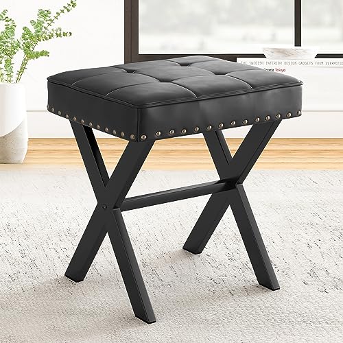 LUE BONA Vanity Stool - Square Faux Leather Makeup Seat With Metal X Legs, Small Ottoman Chair for Makeup Room, Living Room - Modern Padded Foot Rest, Black - color: Black