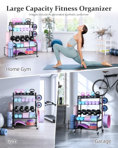 Mythinglogic Home Gym Storage Rack with Wheels for Dumbbells and Yoga Mats - color: New Black
