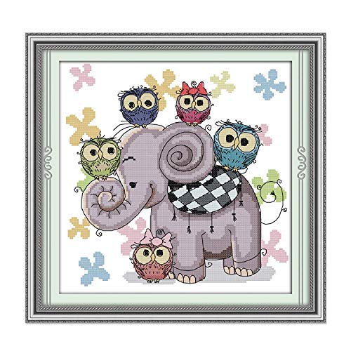 Printed Cross Stitch Kits 11CT 15X15inch DIY Embroidery Starter Kits Easy Patterns Embroidery for Girls Crafts DMC Stamped Cross-Stitch Supplies Needlework Elephant and Owls - color: Stamped 11.5×11.5 inch