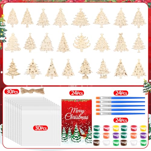 Saypacck 24 Pcs Christmas Tree Party Favors Wooden Paint Craft Kits | Includes Brushes Paints, Christmas Tree Designs, Organza Bags for Goodie Bag Fillers, Christmas Stocking Stuffer Gifts - style: Christmas Tree