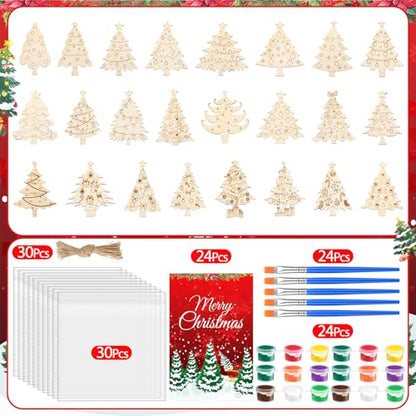 Saypacck 24 Pcs Christmas Tree Party Favors Wooden Paint Craft Kits | Includes Brushes Paints, Christmas Tree Designs, Organza Bags for Goodie Bag Fillers, Christmas Stocking Stuffer Gifts - style: Christmas Tree