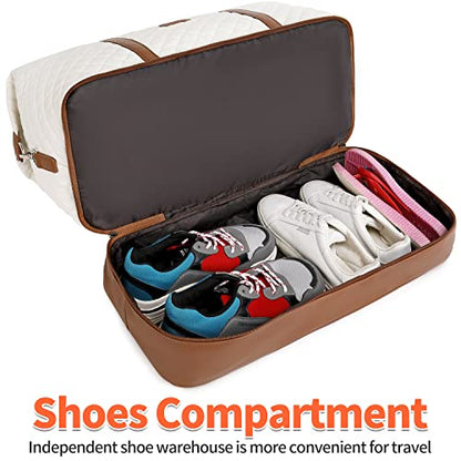 Weekender Bag, Large Travel Duffel Bag for Women, Carry on Overnight Bag with Shoe Compartment and Toiletry Bags - color: White