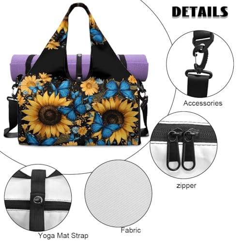 Gym Bag with Yoga Mat Holder Large Tote Bag With Multi Pockets for Women Men Dry Wet Separated Pocket Carryall Yoga Tote Bag for Pilates Travel Workout Office - color: Blue Butterfly