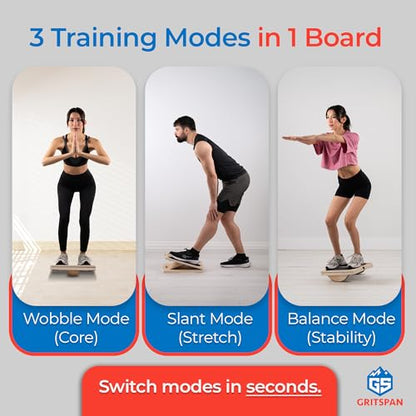 Slant Board for Exercise, 3-in-1 Wooden Calf Stretcher, Rocker Balance Board and 360° Wobble Board, 5 Adjustable Angles, Anti-Slip Surface, Training Poster Included - size: Standard