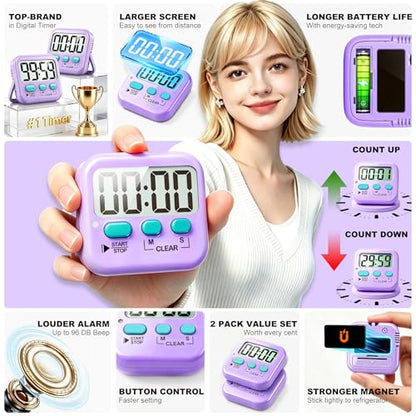 Antonki 2 Pack Digital Timer for Kids Classroom Kitchen Timers for Cooking | w/ Battery, Easy to View, Alarm, Mute Mode, Count Down/Up, Magnetic, Kickstand, Hanging, Classroom Timer for Teacher Supplies - color: Fresh Purple