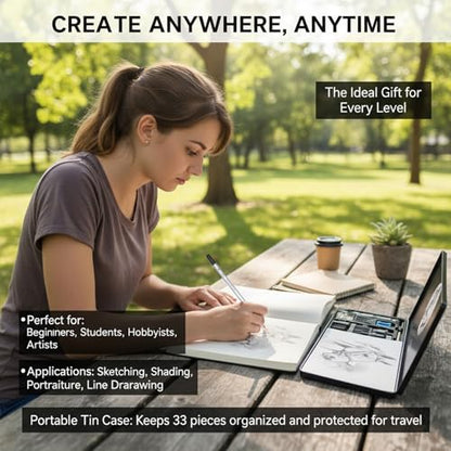 Drawing Sketching Pencil Set, 33 PCS Graphite and Charcoal Pencils with Blending Stumps, Erasers, Art Knife & Pencil Extender in Metal Box, Artist Sketching Supplies for Drawing & Shading - style: 33 Pcs