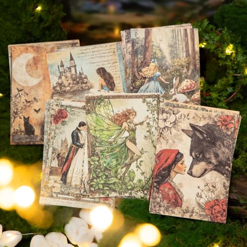 Vintage Fairy Tale Decoupage Scrapbook Paper Set – 180 Sheets Fantasy Cryptid Witch, Mermaid, Princess Journal Craft Paper Ephemera Pack for Collage, Junk Journal, Art Projects - color: Vintage FairyTale