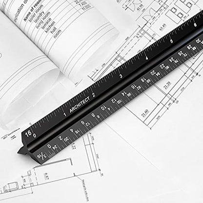 12" Architectural Scale Ruler Aluminum Architect Scale Ruler, Black | Triangular Scale Ruler for Architects, Draftsman, Students and Engineers - color: Black