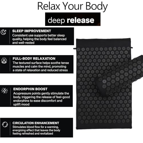 Acupressure Mat and Pillow Set for Back/Neck Pain Relief and Muscle Relaxation (Black/Black)
