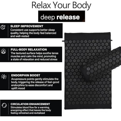 Acupressure Mat and Pillow Set for Back/Neck Pain Relief and Muscle Relaxation (Black/Black)