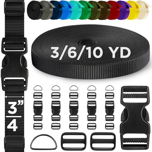TECEUM 3/4" Nylon Strap Kit with Buckles, Black 6 yards Repair Set | Heavy duty hardware kit: 6yd webbing, 6 quick release buckles, 12 tri-glide slide clips, 6 metal D-rings for crafting. - color: Black, size: 3/4" - 6 yards, style: 6 Buckle - 12 Slides -