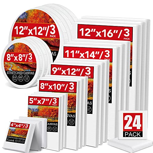 24 Pack Canvases for Painting with 4"x4", 5"x7", 8"x10", 9"x12", 11"x14", 12"x16", Round Canvas with 12"x12", 8"x8", Painting Canvas for Oil & Acrylic Paint. - size: 24 Packs - 8 Sizes (3 of Each)