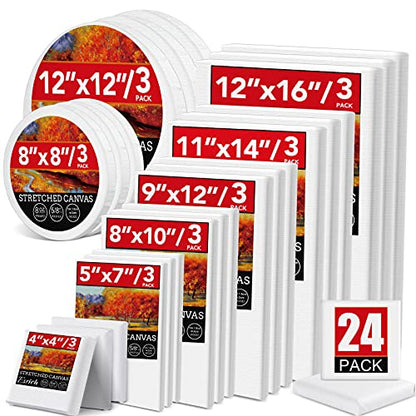 24 Pack Canvases for Painting with 4"x4", 5"x7", 8"x10", 9"x12", 11"x14", 12"x16", Round Canvas with 12"x12", 8"x8", Painting Canvas for Oil & Acrylic Paint. - size: 24 Packs - 8 Sizes (3 of Each)