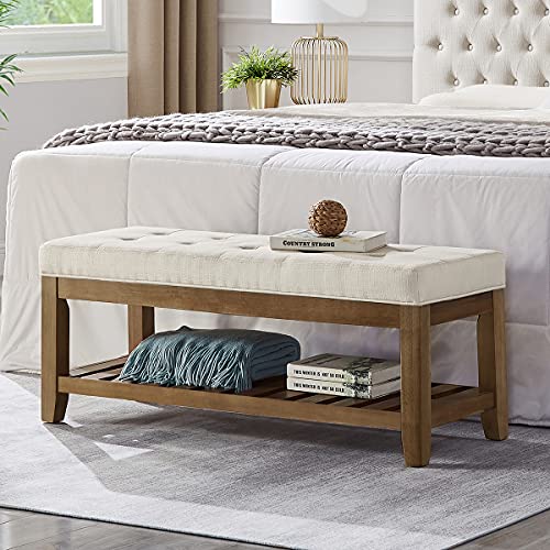24KF Large Rectangular Upholstered Tufted Linen Ottoman Bench, Padded Bench with Solid Wood Shelf-Ivory - color: Ivory-bench, size: 16"D x 44"W x 18"H
