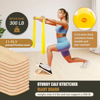 Calf Stretch Slant Board with Resistance Band, 300lb Portable Incline Board | Training Poster, Non-Slip Adjustable Wood Calf Mobility Board for Legs, Ankles, Knees, Heels, Physical Therapy and Stretching