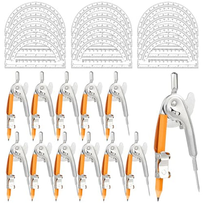 24 Pack Geometry Tool Set, Math Compass for Geometry and 6 Inch Protractor Set Include Metal Compass with Pencil and Clear Plastic Protractor for Student Classroom Office Woodworking Art Drawing - style: 24 Pack