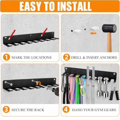 Tebery 9 Hook Home Gym Storage Rack Wall Mount, Fitness Equipment Organizer, Metal Gym Accessory Hanger for Exercise Bands, Jump Ropes, Barbells, Lifting Belts - size: 16.9''L x 4.5''W x 2''H