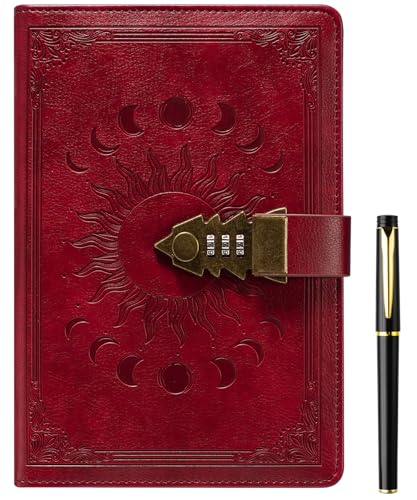 ZXHQ Diary with Lock for Women & Men,A5 240 Pages Lockable Journal with Pen, Refillable Leather Journal Writing Notebook (8.5 × 5.9 Inch) Wine Red - color: Wine Red-A1