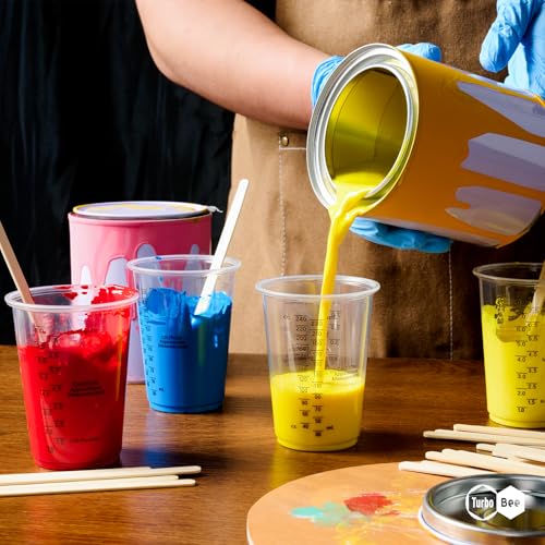 Turbo Bee Plastic Measuring Cups 8OZ,200 PACK Disposable Mixing Cups with 200 Mixing Sticks,Paint Graduated Measuring Tumblers for Epoxy Resin, Paint Mixing, Art DIY - size: 8oz-200pack