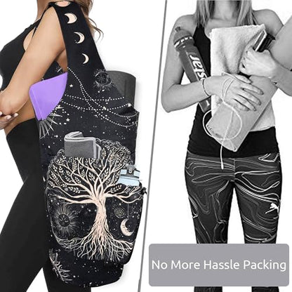 Yoga Mat Bag - Large Opening Long Tote Yoga Mat Carrier Holder Bag with Waterproof Wet Zipper Pocket and Drawstring Water Bottle Pocket - Yoga Bag Fit Most Size Mats - color: Tree of Life