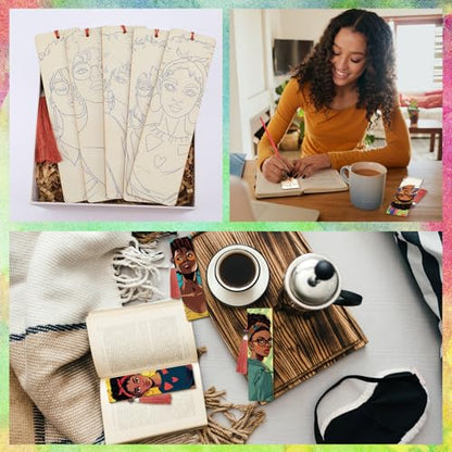 Kosiz 12 Pcs Black Women Paint by Number Kit for Adult Wood Bookmark | Mini Paint by Numbers Kit, Painting Decor, Tiny Tassels Blank Bookmarks, for Small DIY Craft Book Lovers Gift 7x2 '' - style: Black Women Theme